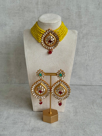 Ayura Designs Baani Kundan Choker with Earrings – Ruby Red Stones, Yellow Strands & Pearl Detailing