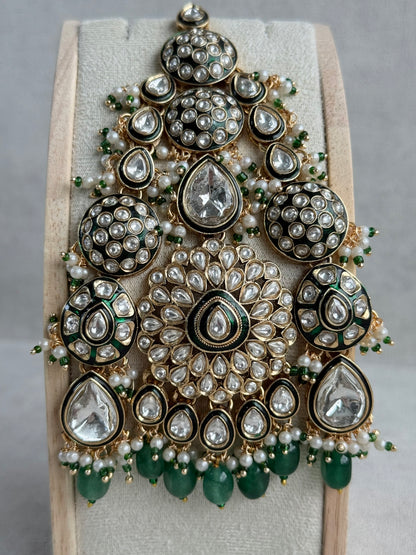 Ayura Designs Zoha Jhoomar Passa – Mirror-Cut Kundan with Emerald Green Drops, Pearl Detailing & Antique Gold Finish