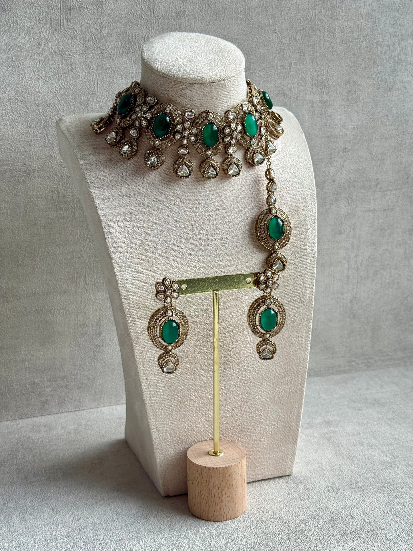 Ayura Designs Emanya Choker Set – Choker, Earrings & Tikka with Mirror-Cut Stones, Emerald Green & Antique Gold Detailing