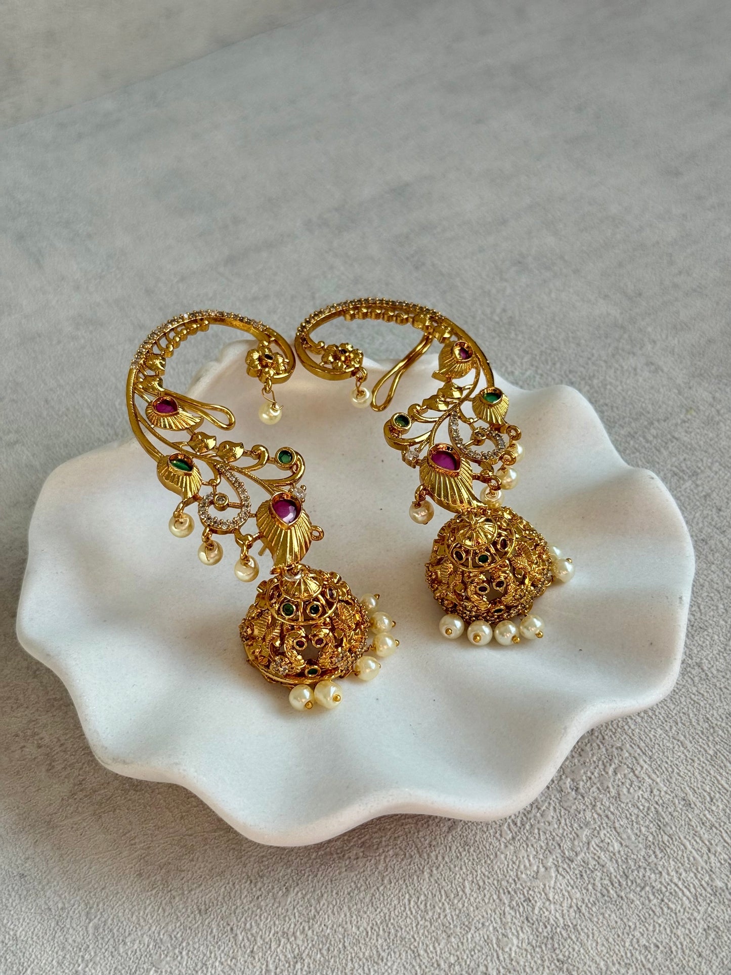 Ayura Designs Nalini Jhumkis – Gold Half Ear Cuffs with Multicolour Stone Accents, Crystal Detailing & Pearl Jhumka Drops