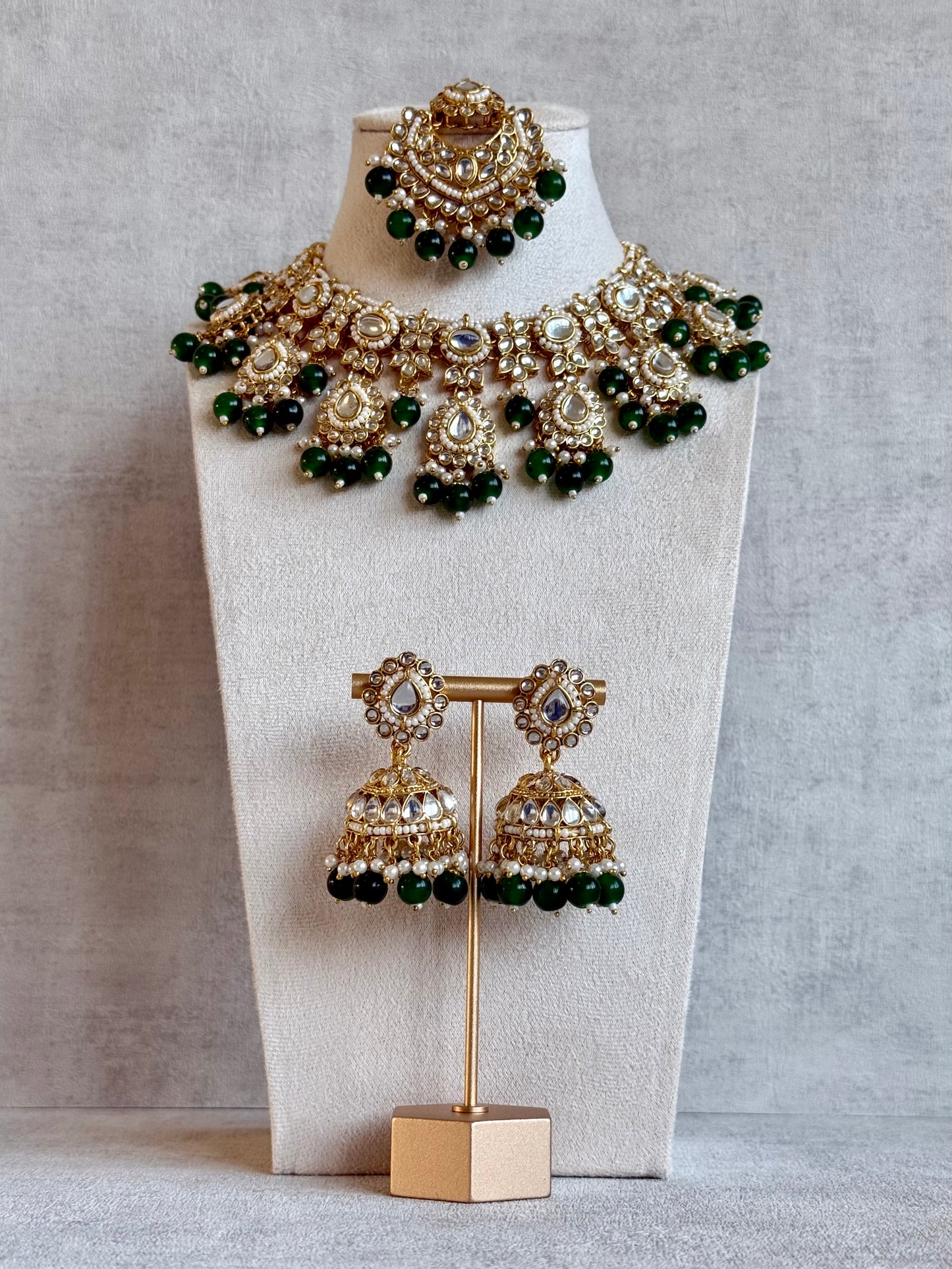 Ayura Designs Iyla Set with Necklace, Earrings & Tikka – Kundan Detailing, Ivory Pearl Drops & Emerald Beads
