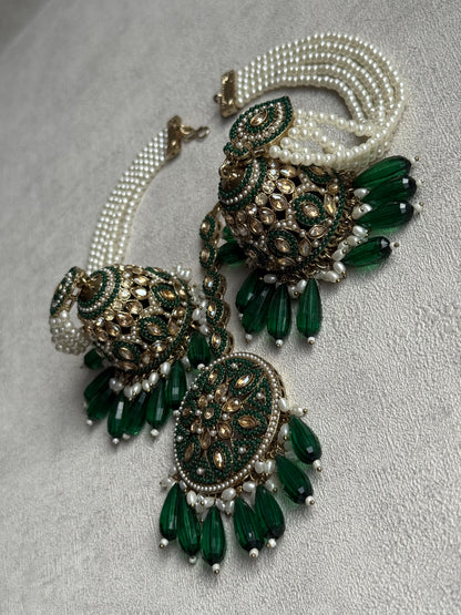 Ayura Designs Amrita Set – Jhumkis with Sahare & Tikka in Emerald Green Beads, Pearls and Antique Gold Finish