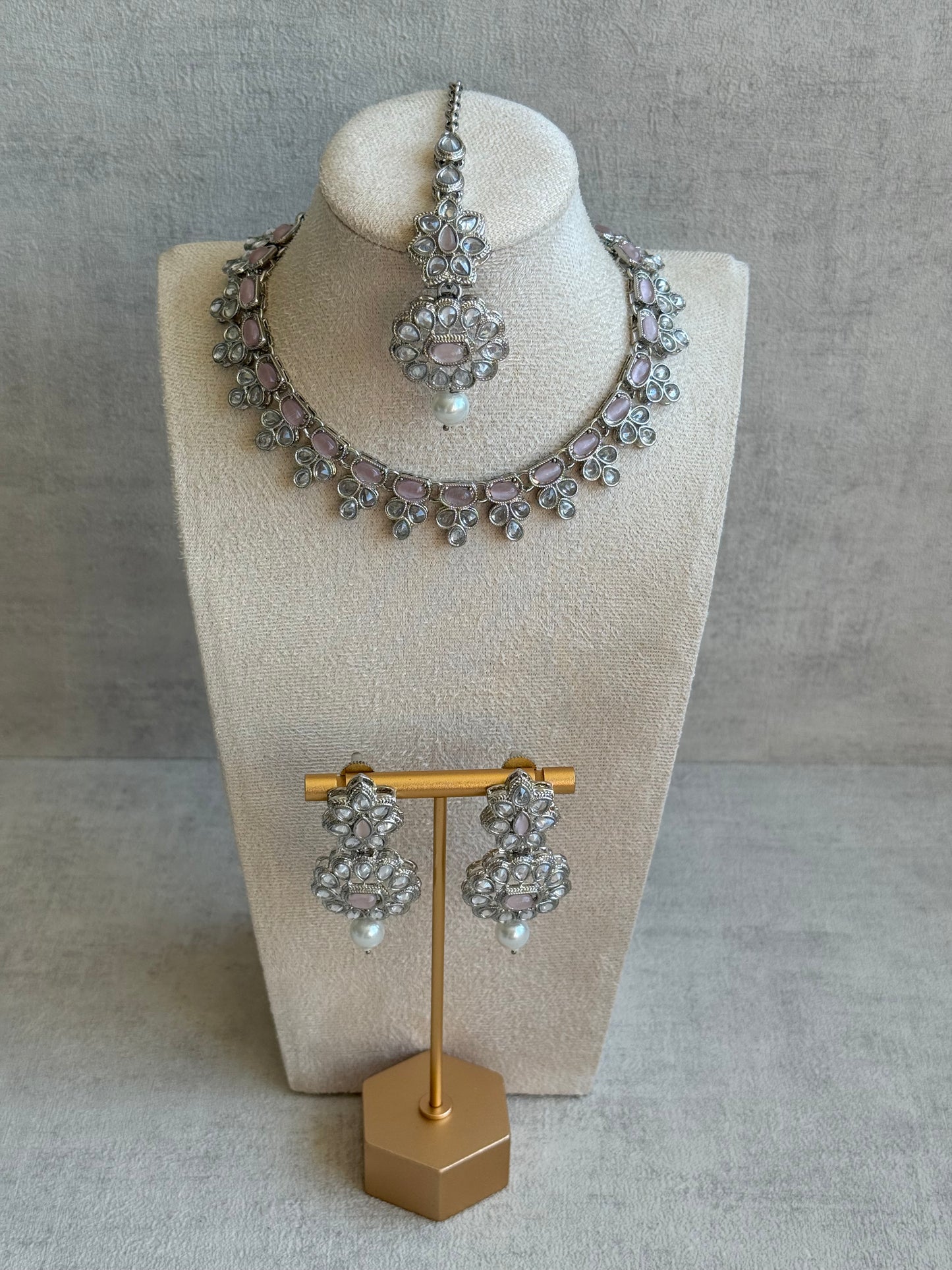 Ayura Designs Sumbul Set with Necklace, Earrings & Tikka – Blush Pink Stones, Mirror-Cut Accents & Pearl Drops