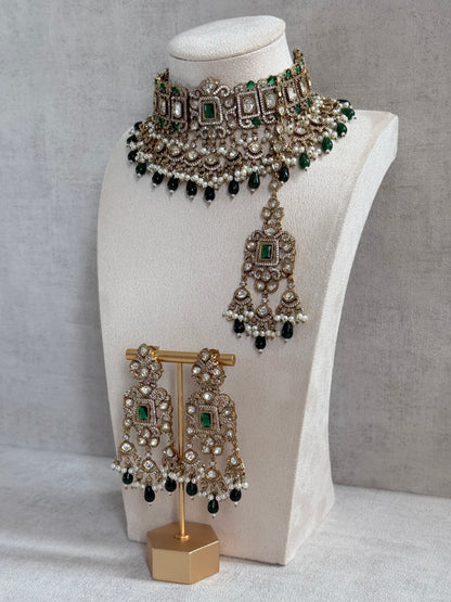 Ayura Designs Aisha Choker Set with Earrings & Tikka – Emerald Green Stones, Polki & Pearl Detailing