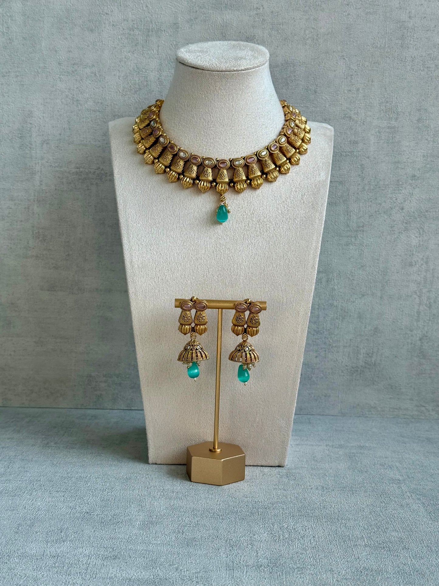 Ayura Designs Aima Necklace Set with Earrings – Antique Gold with Blush Pink & Aqua Green Stones