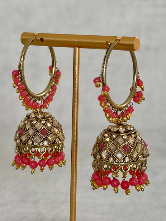 Ayura Designs Jugni Bali Jhumkas – Antique Gold with Coral Peach Beads