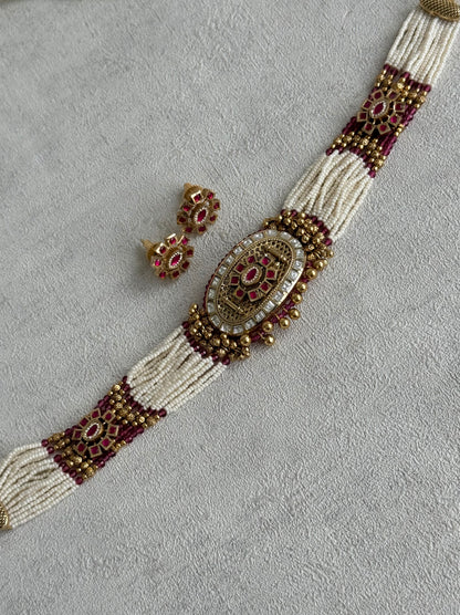 Ayura Designs Amiri Choker Set with Stud Earrings – Ruby Pink Stones, Pearl Strands & Moissanite Detailing
