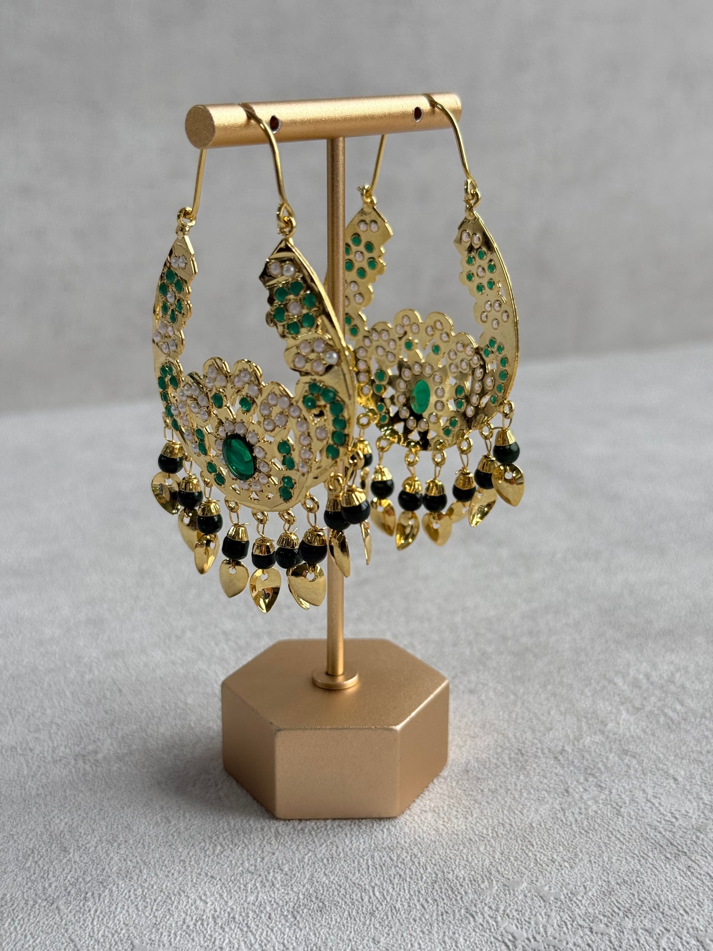 Ayura Designs Nimrat Balis – Emerald Green & Ivory Pearls with Pippal Patti & Gold Finish