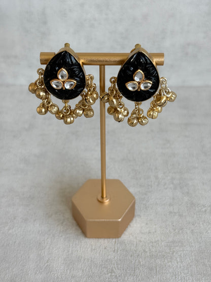 Ayura Designs Aykai Earrings – Black Carved Teardrop Stud Earrings with Clear Kundan Stones & Gold Ghungroo Drops