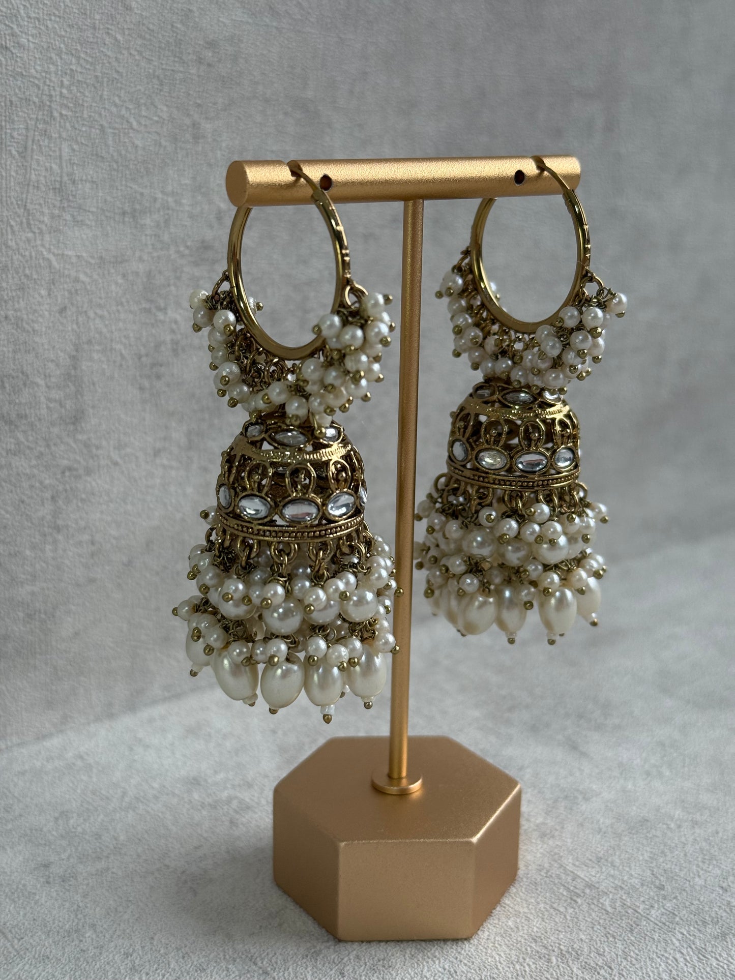 Ayura Designs Jugni Jhumkis – Antique Gold Balis with Pearl Clusters & Kundan Detailing