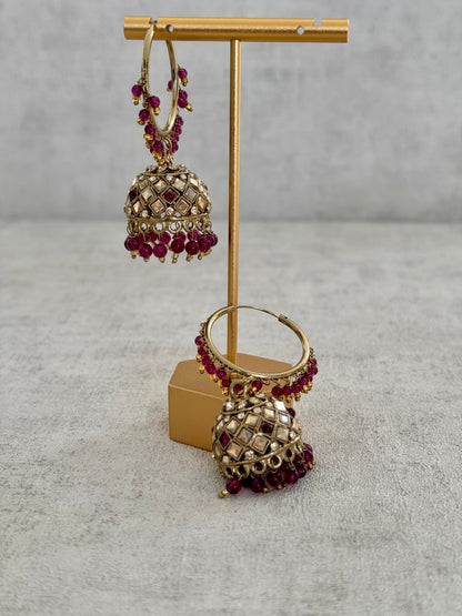 Ayura Designs Jugni Bali Jhumkas – Antique Gold with Deep Plum Beads