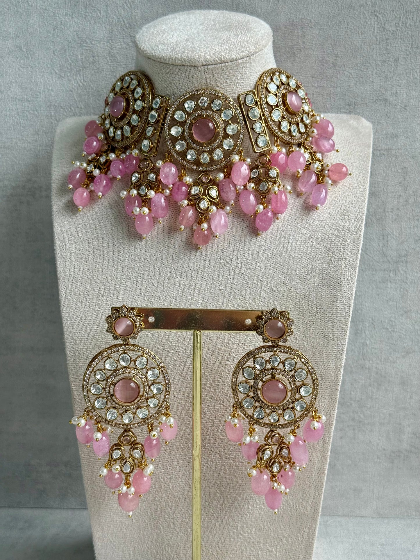 Ayura Designs Harper Set – Antique Gold Choker & Earrings with Blush Pink Beads, Kundan Stones & Pearl Detailing