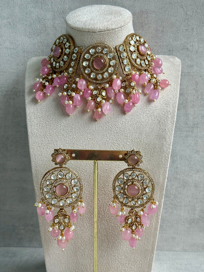 Ayura Designs Harper Set – Antique Gold Choker & Earrings with Blush Pink Beads, Kundan Stones & Pearl Detailing