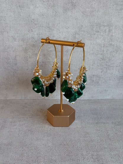 Ayura Designs Heer Balis – Gold Hoops with Forest Green Marble Beads, Pearls & Crystal Detailing