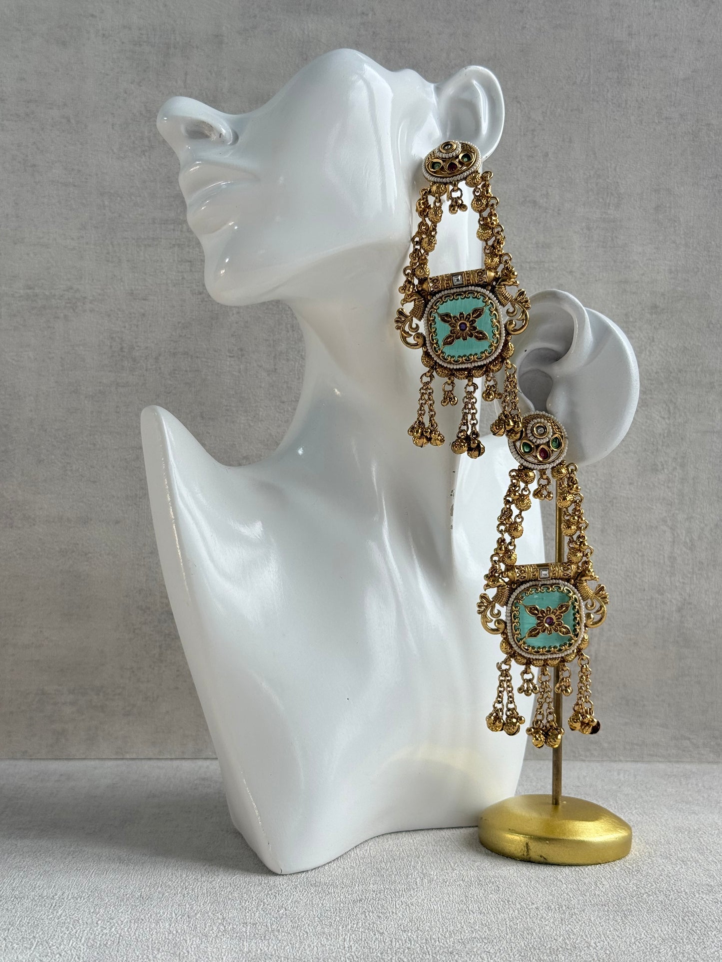 Ayura Designs Hazar Earrings – Gold Peacock Design with Mint Green Enamel, Multicoloured Stones, Pearl Beading & Ghungroo Detailing