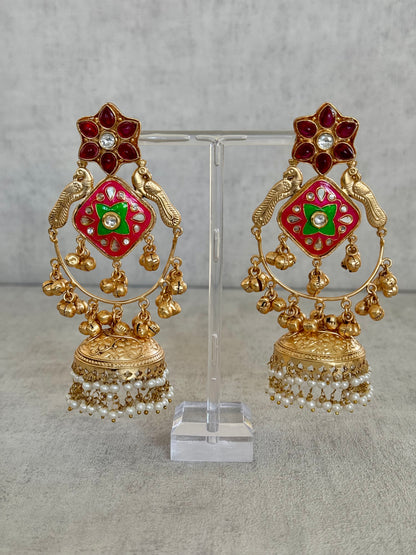 Ayura Designs Farida Earrings – Brass Jhumka Earrings with Ruby & Green Enamel, Bird Motifs and Pearl Dangling Drops