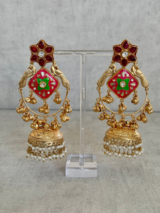 Ayura Designs Farida Earrings – Brass Jhumka Earrings with Ruby & Green Enamel, Bird Motifs and Pearl Dangling Drops