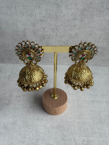 Ayura Designs Moraya Jhumkis – Mint Green & Blush Pink Peacock Motif with Antique Gold Detailing