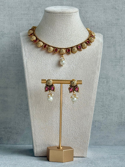 Ayura Designs Mayura Necklace Set with Earrings – Antique Gold Meenakari Motifs with Pearl Drop & Rani Pink Stones