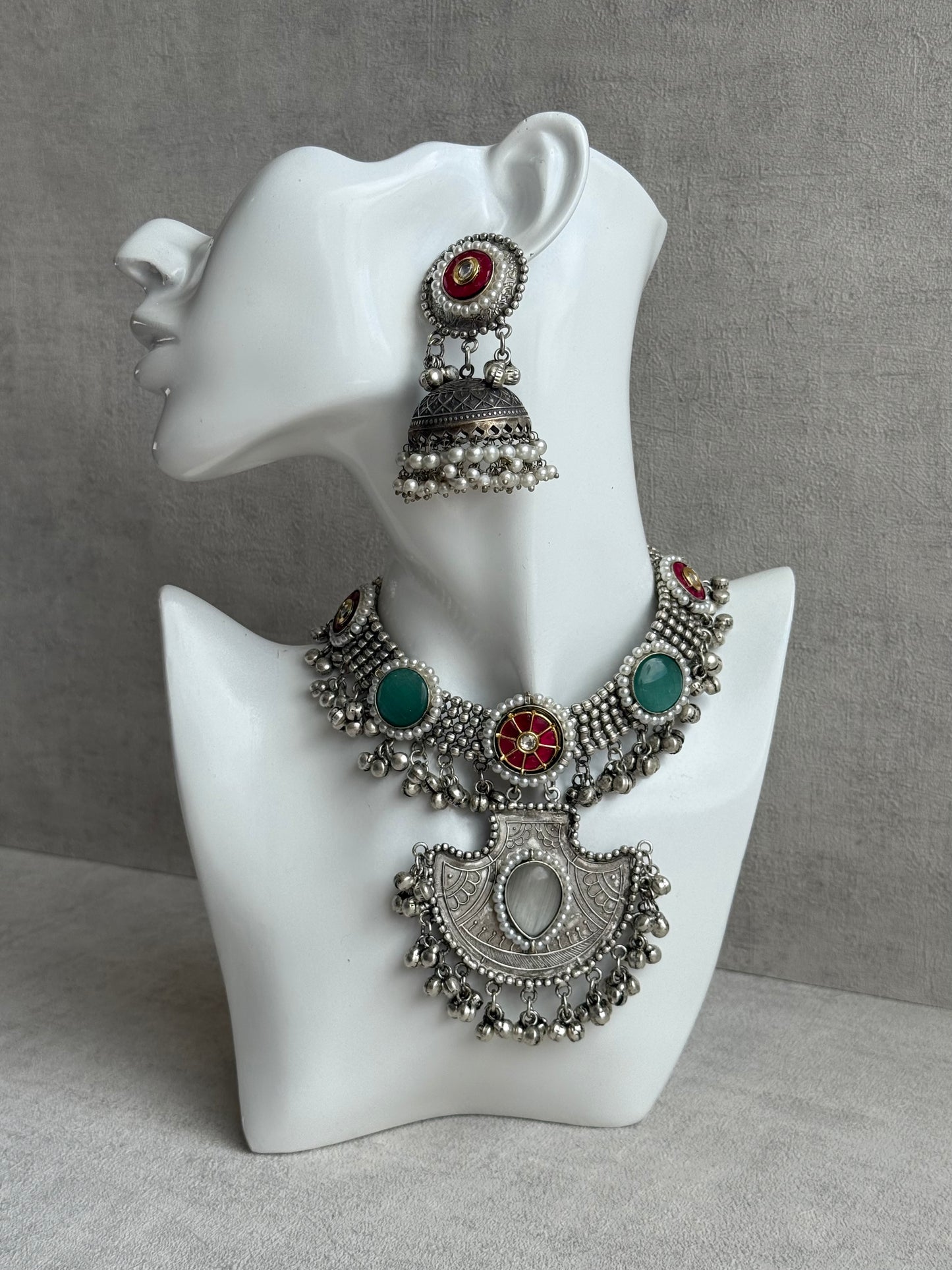 Ayura Designs Zareefa Necklace Set with Jhumkis – Oxidised Silver Pendant Necklace with Multicolour Stones, Pearl Detailing & Ghungroo Accents