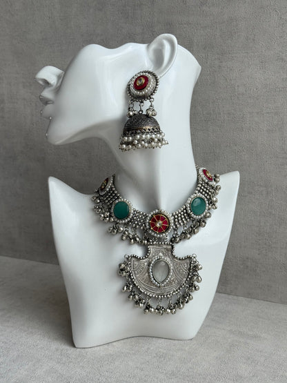Ayura Designs Zareefa Necklace Set with Jhumkis – Oxidised Silver Pendant Necklace with Multicolour Stones, Pearl Detailing & Ghungroo Accents