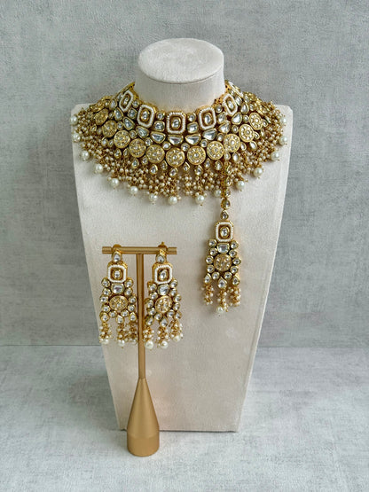 Ayura Designs Suhana Bridal Set with Necklace, Earrings & Tikka – Kundan Stones with Pearl Detailing in Antique Gold Finish