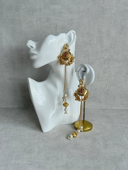 Ayura Designs Kashveen Earrings – Ruby Red Kundan Stones with Pearl Chain Drops & Ghungroo Detailing
