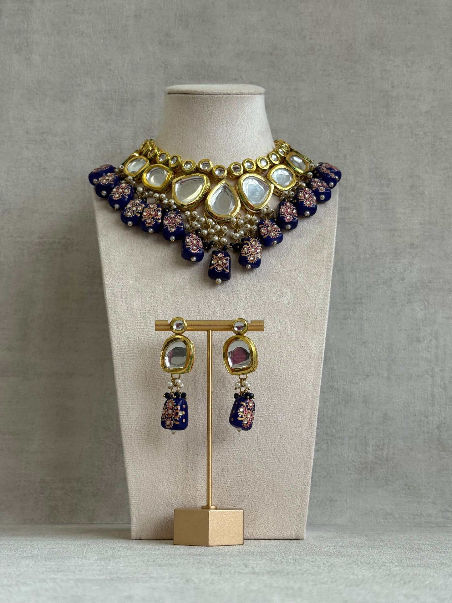 Ayura Designs Omika Set With Necklace And Earrings – Kundan Stones And Navy Blue Meenakari Drops