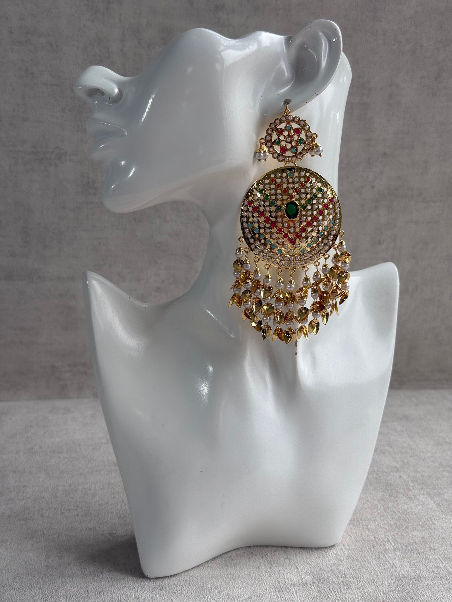 Ayura Designs Seerat Earrings – Emerald Green & Multicolour Gold Pippal Patti Design with Pearls