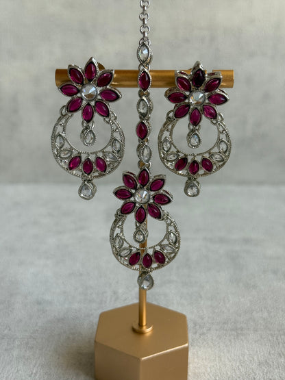 Ayura Designs Fareeha Set with Necklace, Earrings & Tikka – Mirror-Cut Stones, Fuchsia Floral Detailing & Silver Finish