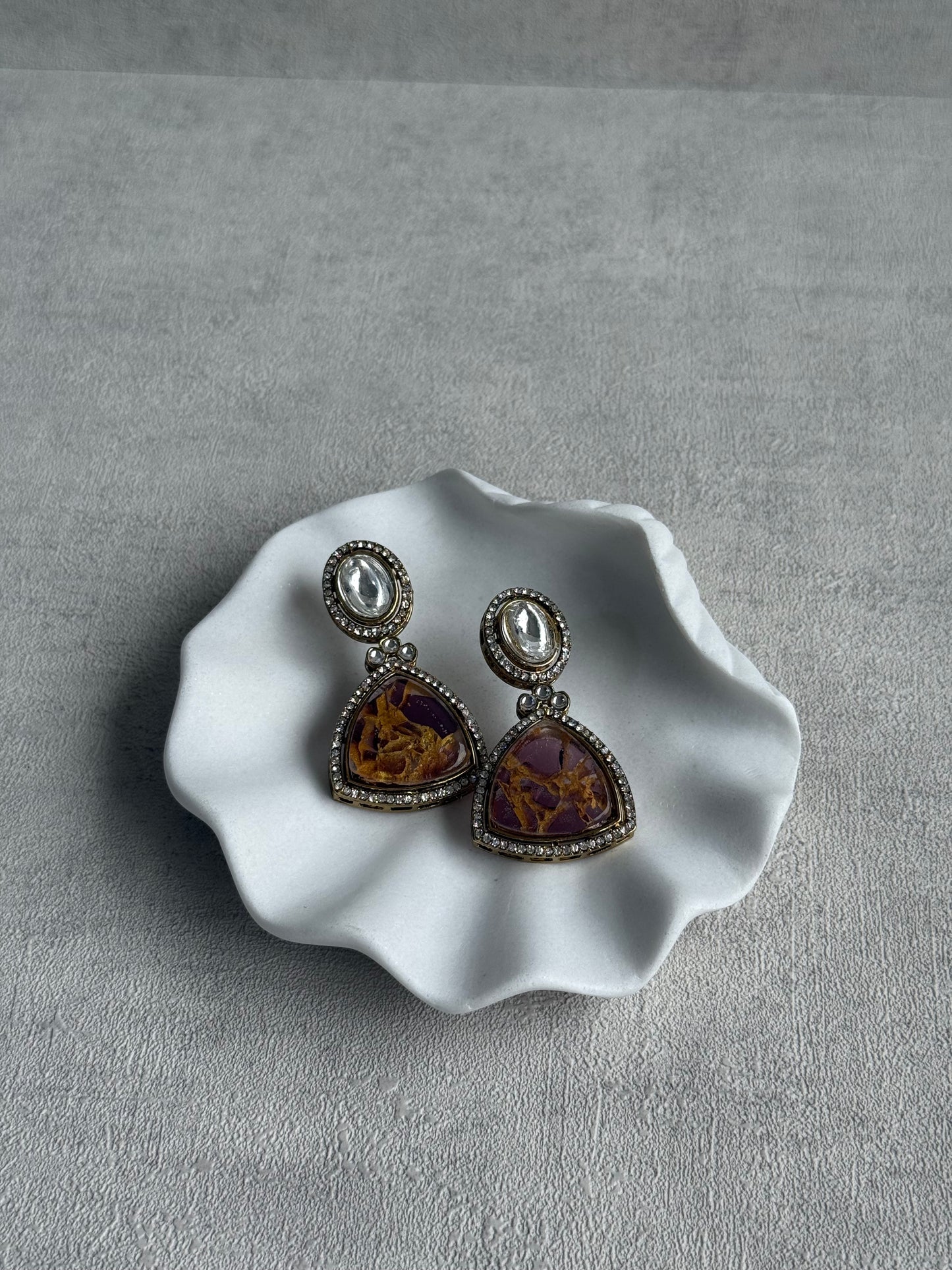 Ayura Designs Florence Earrings – mirror cut studs with Berry Pink Marble Resin & Crystal Borders