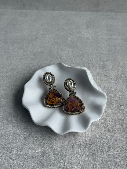 Ayura Designs Florence Earrings – mirror cut studs with Berry Pink Marble Resin & Crystal Borders