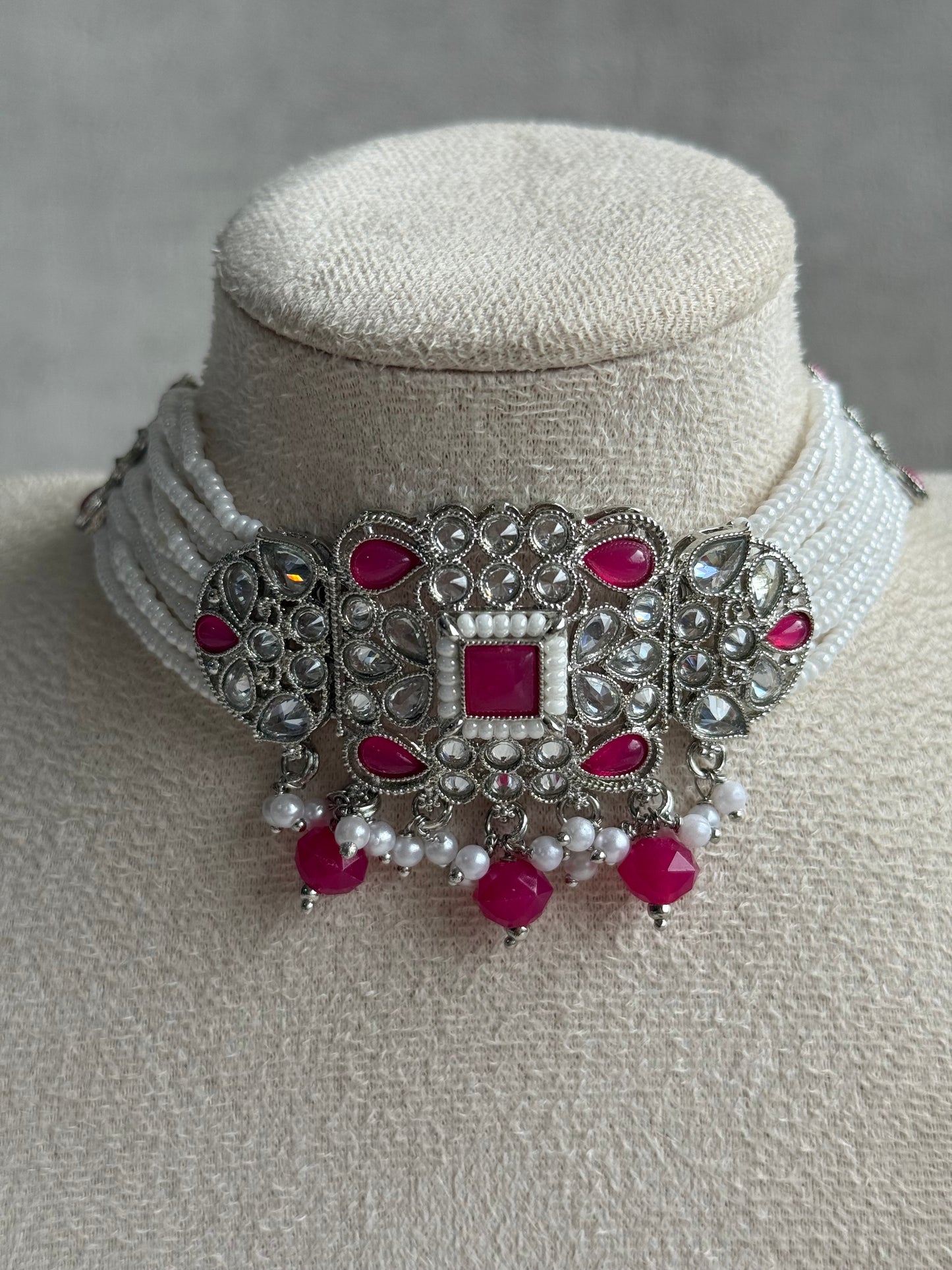Ayura Designs Geet Set – Choker, Earrings & Tikka with Fuchsia Stones, Pearls & Silver Finish
