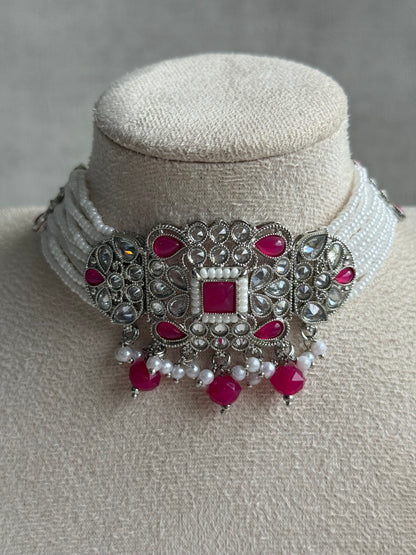 Ayura Designs Geet Set – Choker, Earrings & Tikka with Fuchsia Stones, Pearls & Silver Finish