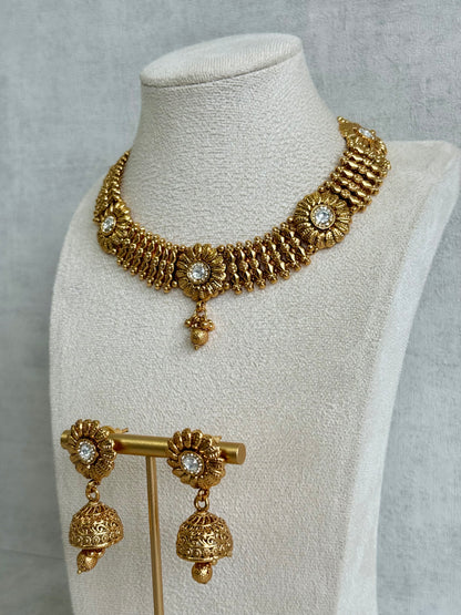 Ayura Designs Arisa Choker Set with Jhumkis – Antique Gold Floral Motifs with Ghungroo Drops