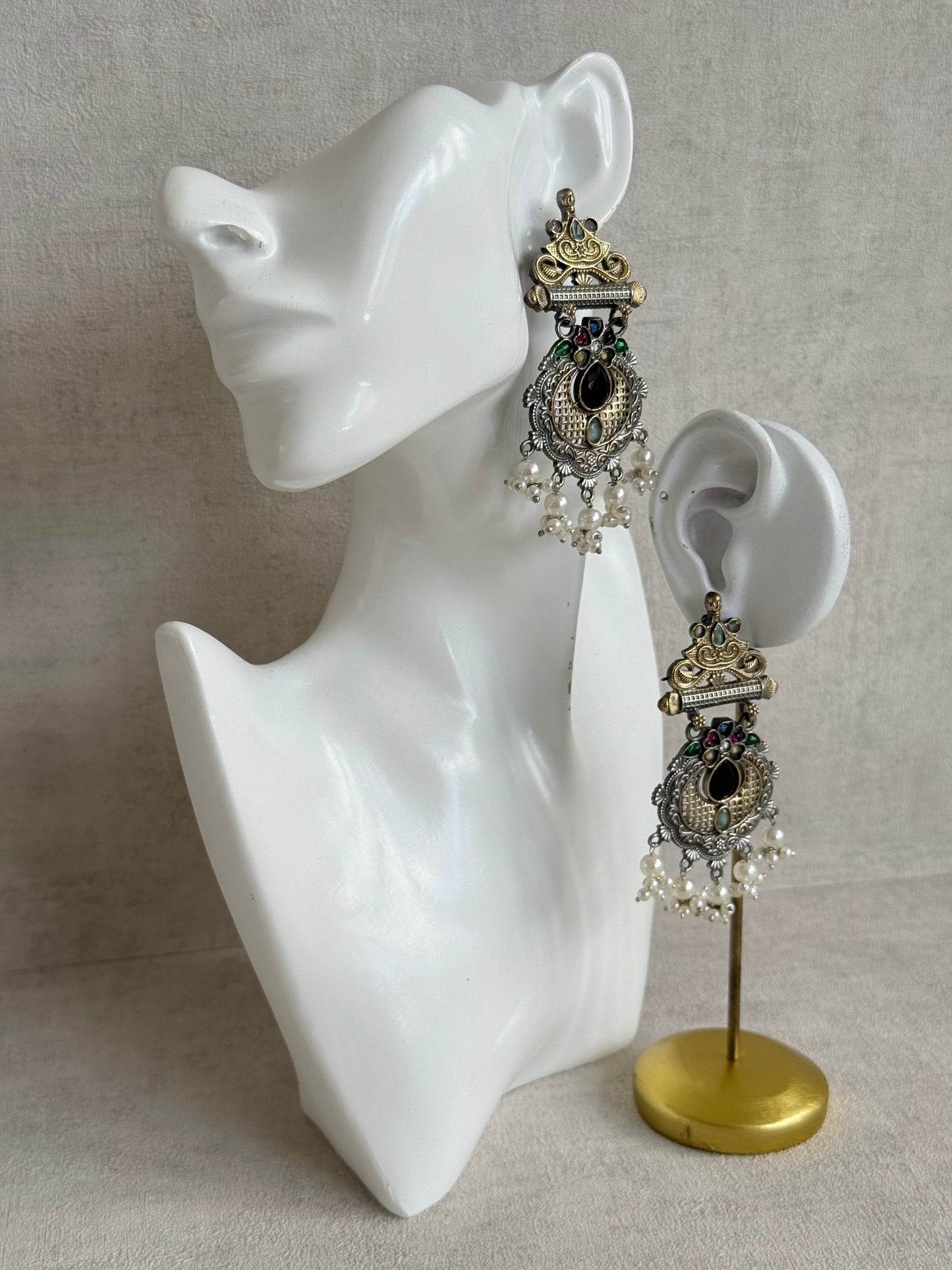 Ayura Designs Taali Earrings – Dual Tone Oxidised Statement Earrings with Multicolour Stones & Pearl Clusters