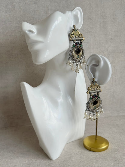 Ayura Designs Taali Earrings – Dual Tone Oxidised Statement Earrings with Multicolour Stones & Pearl Clusters