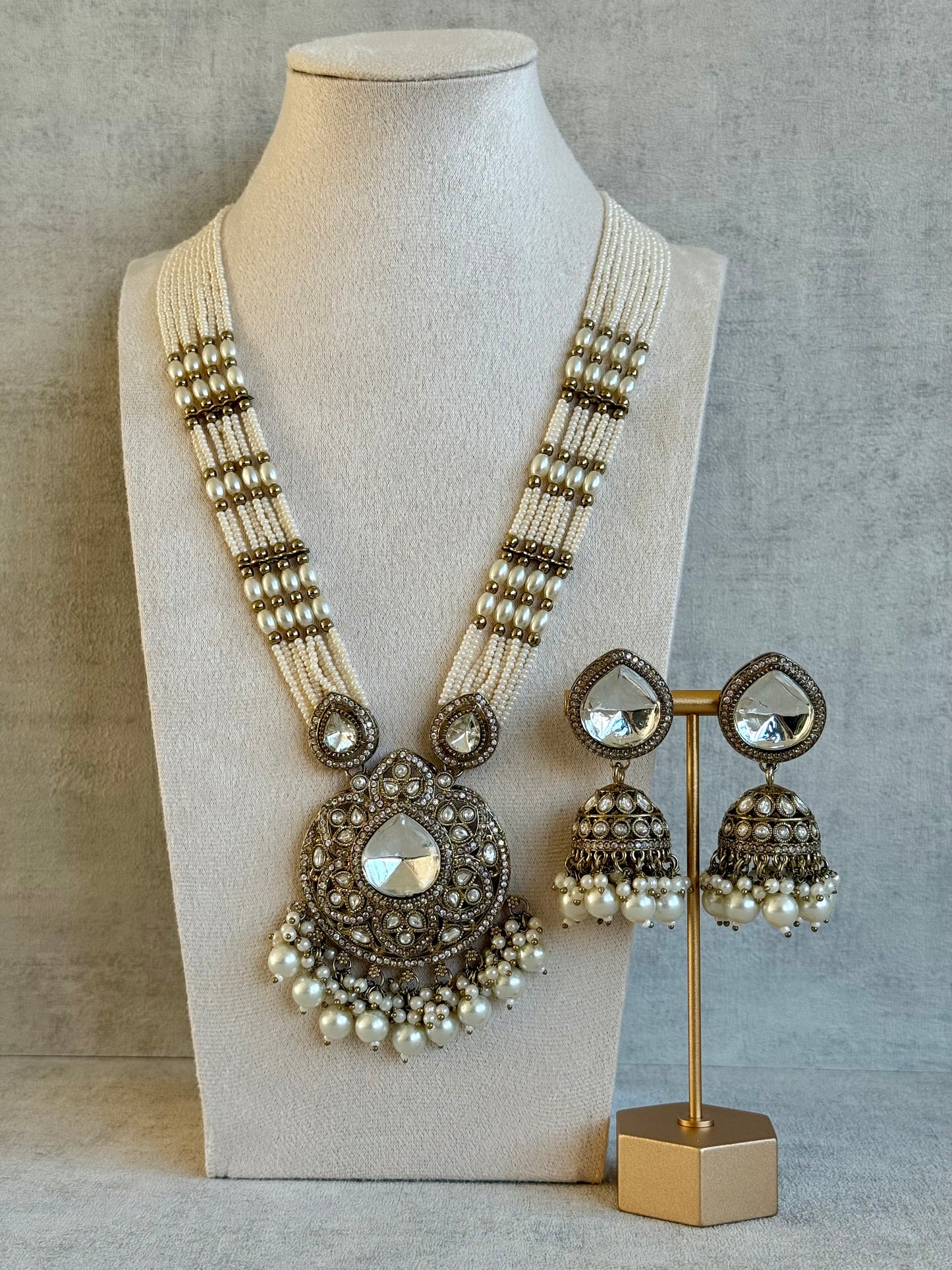 Ayura Designs Brielle Set – Necklace & Jhumkis with Mirror-Cut Stones & Ivory Pearls