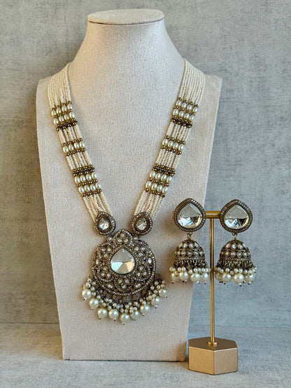 Ayura Designs Brielle Set – Necklace & Jhumkis with Mirror-Cut Stones & Ivory Pearls