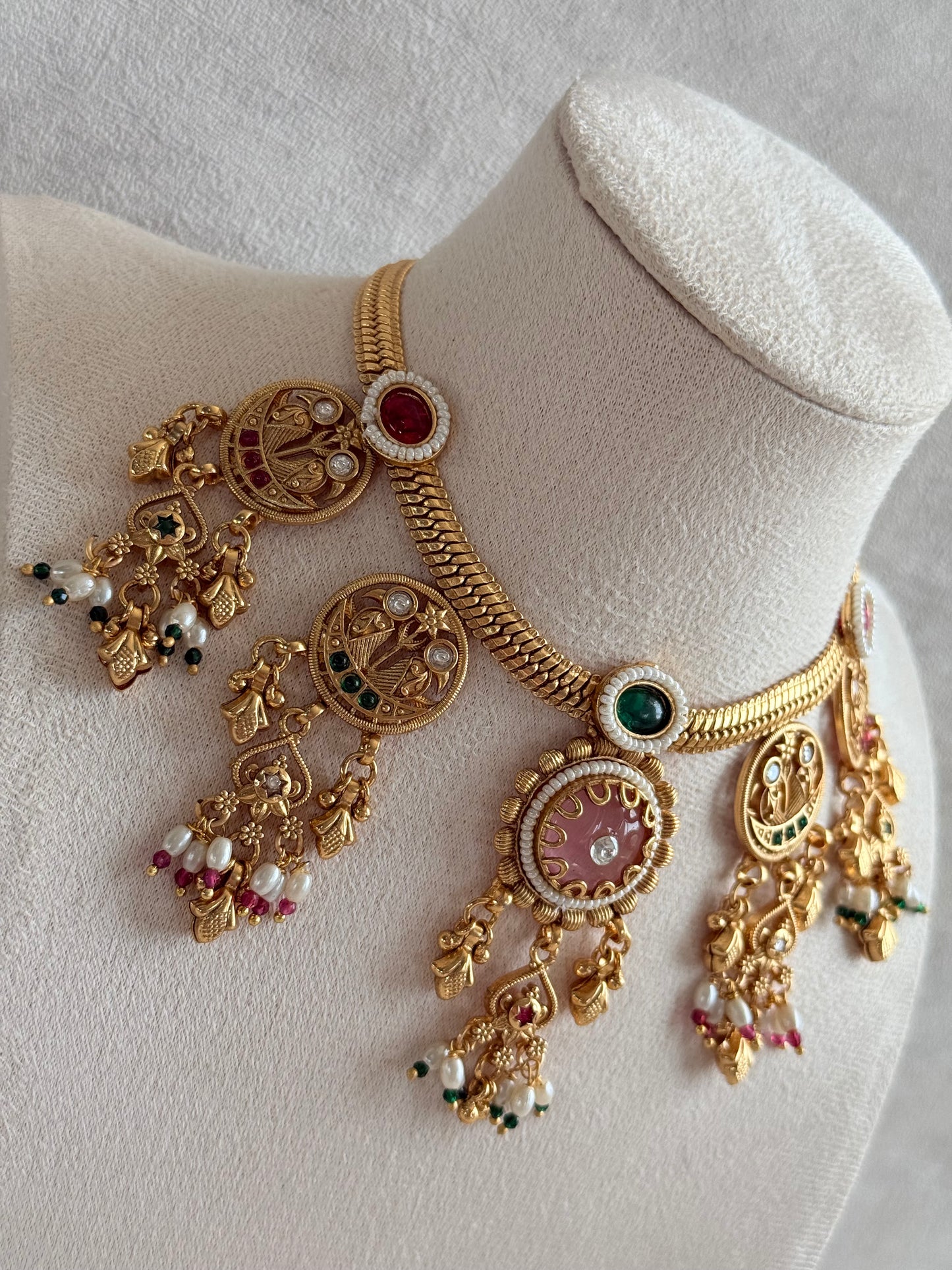 Ayura Designs Parchhai Necklace Set with Earrings – Rose Pink, Ruby Red & Emerald Green Stones, Bird Motifs & Pearl Detailing