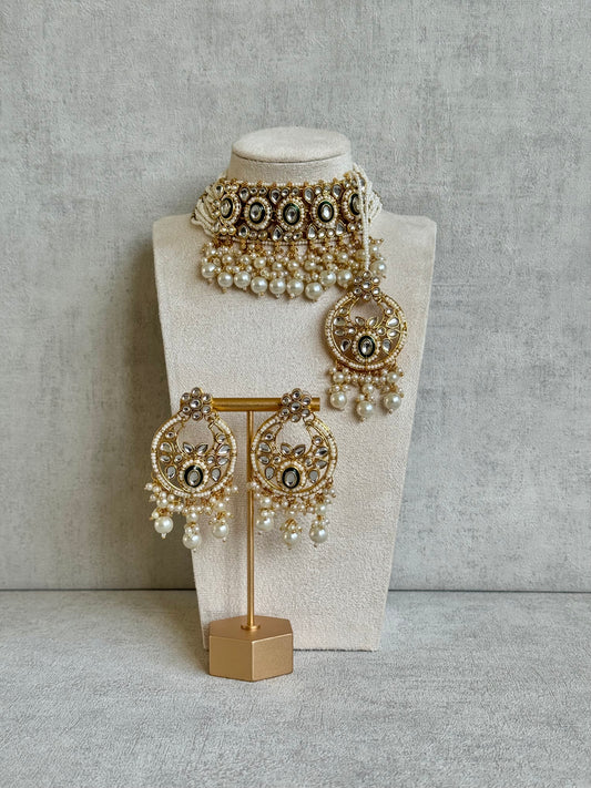 Ayura Designs Janaan Choker Set with Earrings & Tikka – Antique Gold, Kundan & Pearl with Regal Floral Motifs