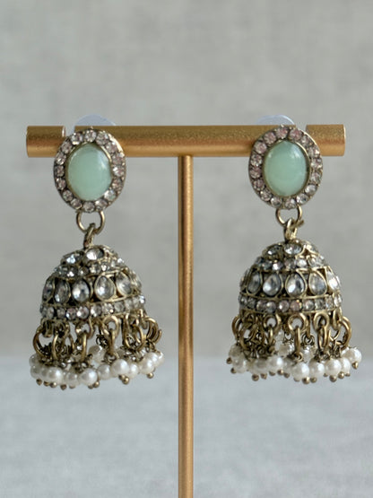 Ayura Designs Eira Necklace Set with Earrings & Tikka – Mint Green & Crystal Stones with Antique Gold Finish