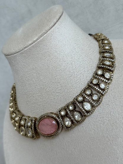 Ayura Designs Sadie Necklace Set with Earrings – Blush Pink Centre Stone, Moissanite Style Stones & Crystal Halo Detailing