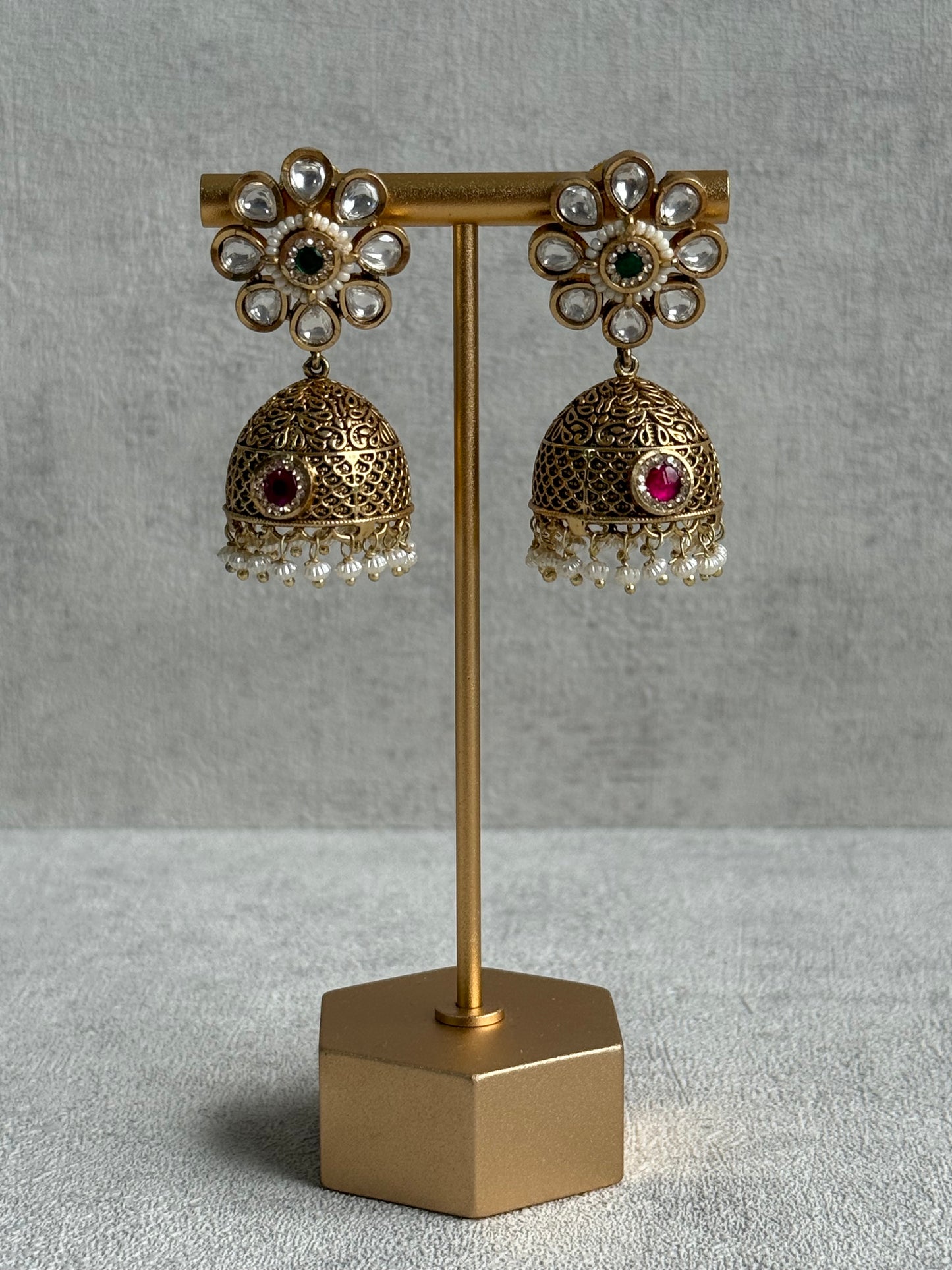 Ayura Designs Tanu Choker Set – Antique Gold Choker & Jhumkis with Ruby & Emerald Kundan and Pearl Borders