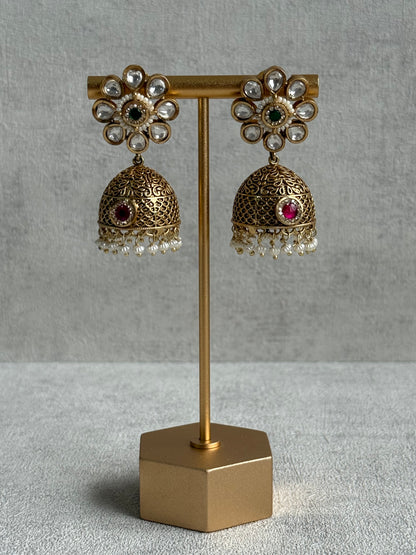 Ayura Designs Tanu Choker Set – Antique Gold Choker & Jhumkis with Ruby & Emerald Kundan and Pearl Borders