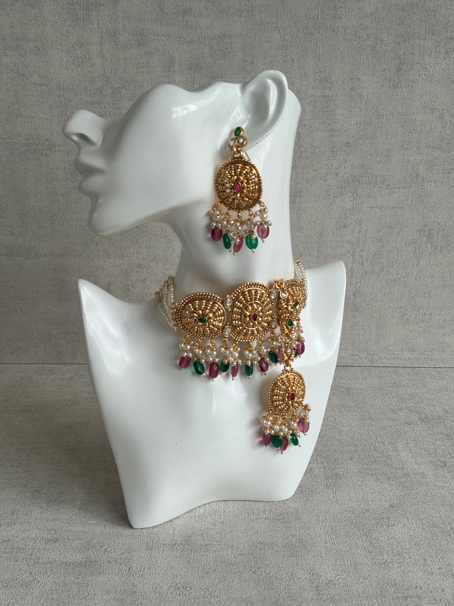 Ayura Designs Tanveer Choker Set with Earrings & Tikka – Antique Gold with Mirror-Cut Stones, Ruby & Emerald Beads