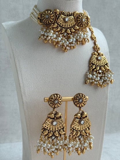 Ayura Designs Sairish Choker Set with Earrings & Tikka – Ivory Beads, Pearl Detailing, Ghungroos, Paisley Motifs & Antique Gold Finish