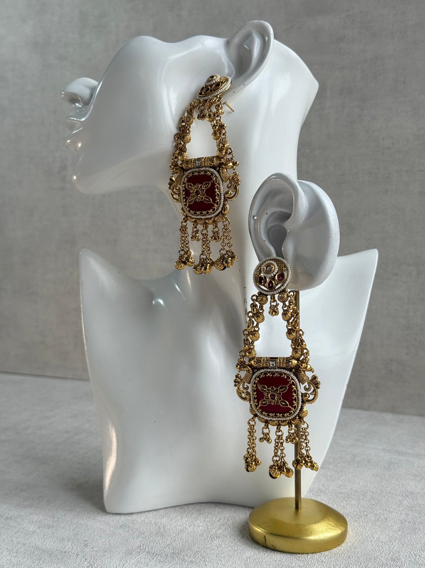 Ayura Designs Hazar Earrings – Gold Peacock Design with Ruby Red Enamel, Pearl Beading & Ghungroo Detailing