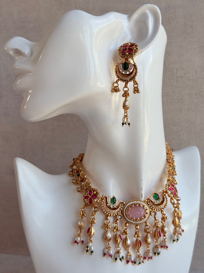 Ayura Designs Aavya Necklace Set – Blush Pink & Emerald Green Kundan Meenakari Design
