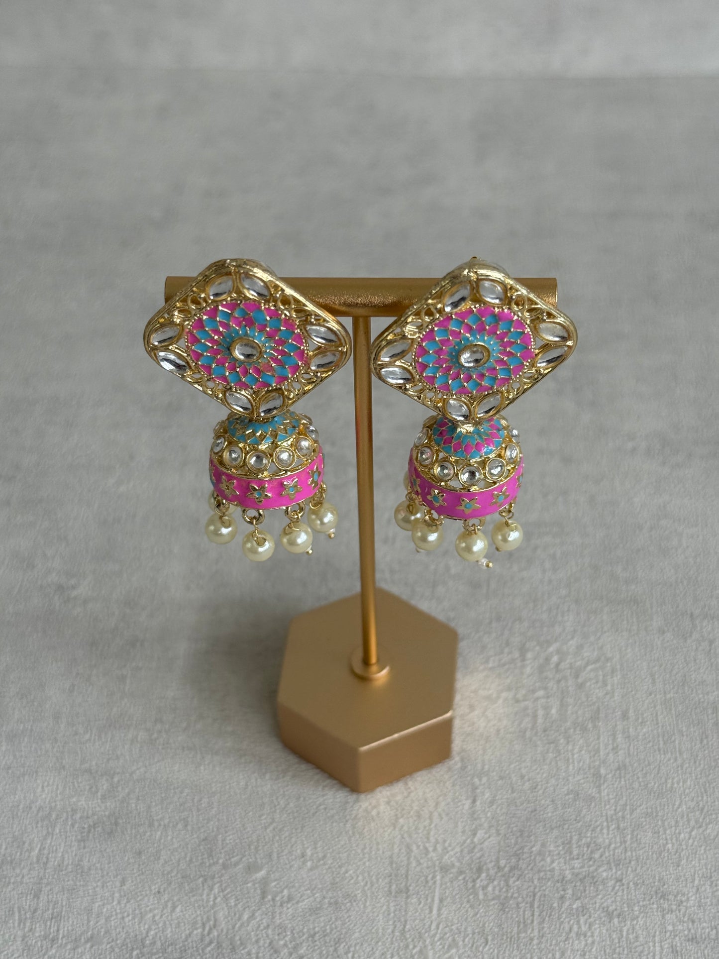 Ayura Designs Rangoli Jhumkis – Aqua Blue & Hot Pink Meenakari with Pearl Drops in Antique Gold Finish